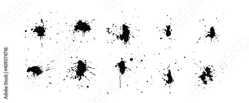 a collection of black ink splashes for graphic design elements. Abstract ink stroke and splash texture on white paper. Hand drawn illustration brush for dirty texture.