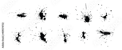 a collection of black ink splashes for graphic design elements. Abstract ink stroke and splash texture on white paper. Hand drawn illustration brush for dirty texture.