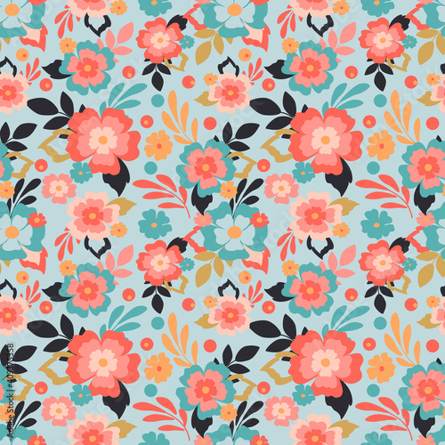 vector seamless pattern with hand drawn floral ornament on a blue background. patern for printing on clothing, fabric, wrapping paper, flower background, wallpaper