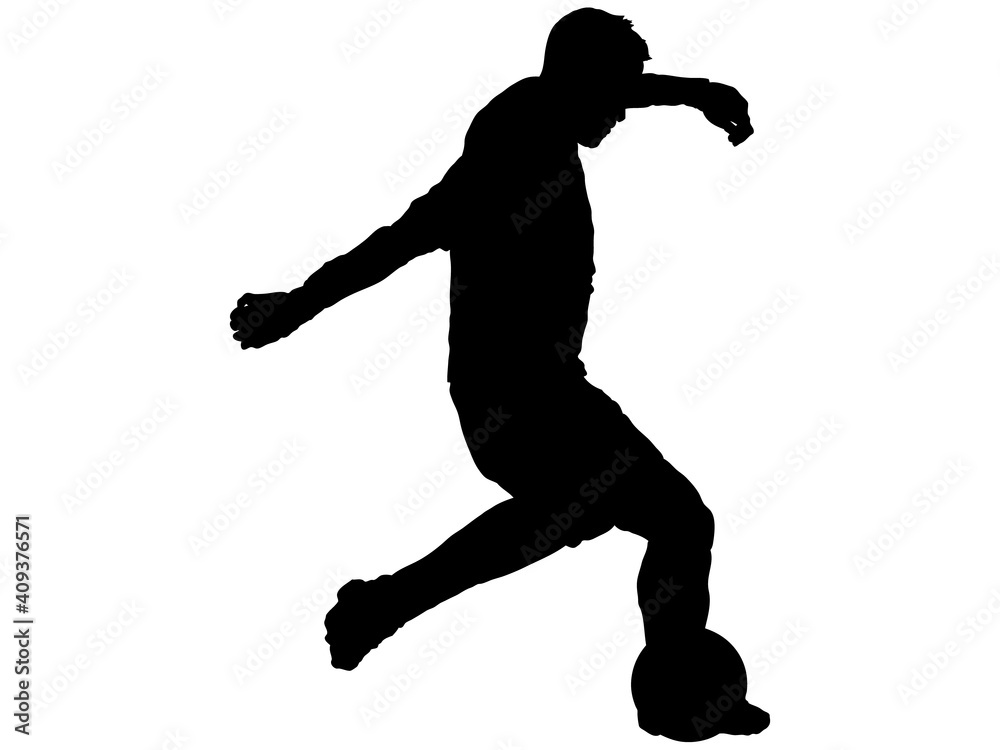 Naklejka premium ボールをさばくサッカー選手のシルエット