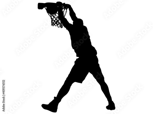 ダンクシュートをするバスケットボール選手のシルエット_3