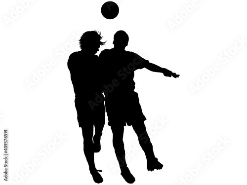 ボールを競り合ってジャンプするサッカー選手のシルエット