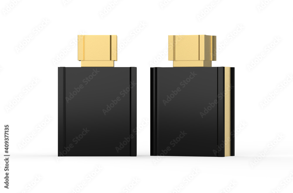 Black perfume bottle mockup on isolated white background, 3d illustration