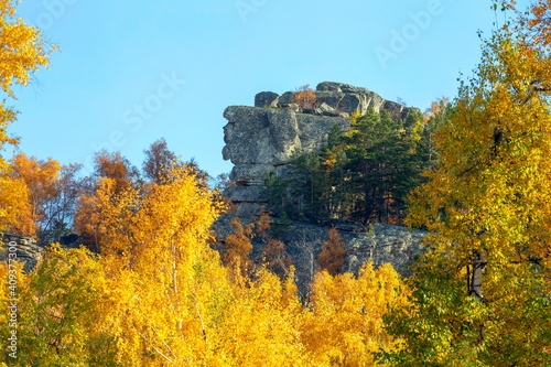 beautiful rock outcrops on the Alabia ridge in the Ural mountains on an autumn sunny day. photo