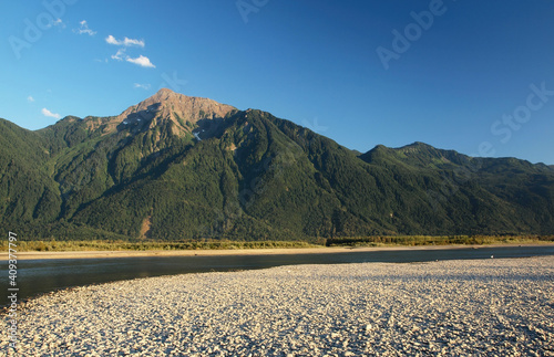 Mount Cheam and the Fraser river in British Columbia Canada