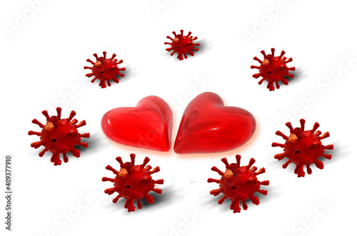 hearts couple red 2 valentines day isolated love covid-19 coronavirus covid - 3d rendering