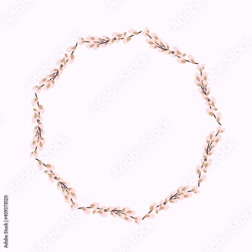 Willow wreath. Round frame made of willow twigs.Easter wreath made of willow stalks.Design for postcards, printing.