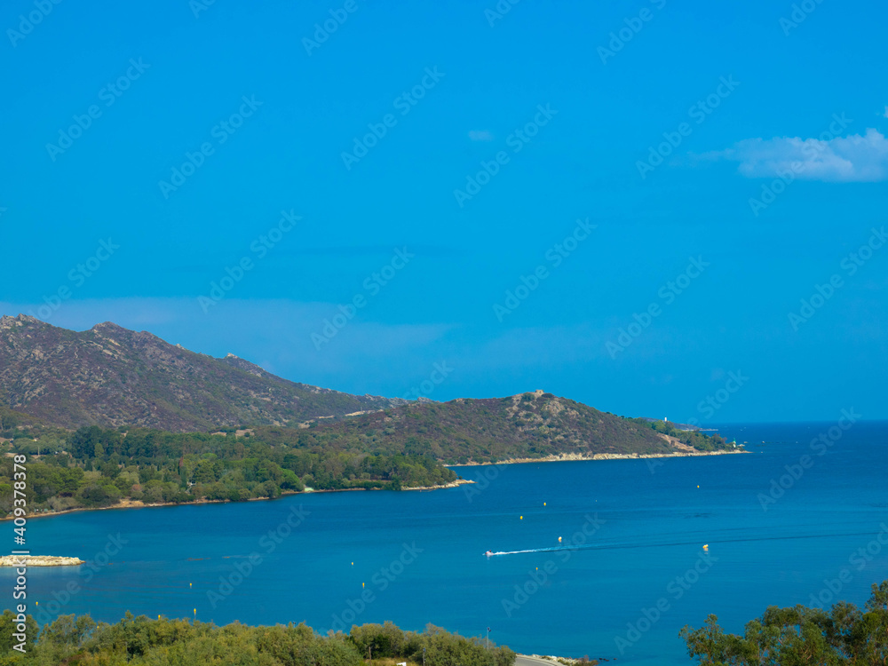 Panorama view of the rocky coastline and mediterranean sea, Cap Corse, Corsica, France. Tourism and vacations concept.
