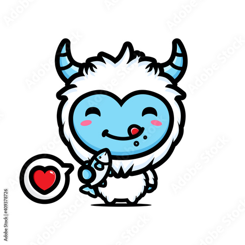 cute yeti animal is eating fish