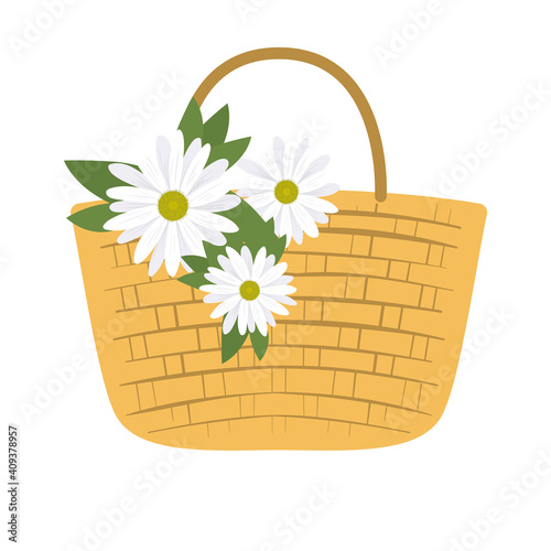 picnic basket with three white flowers
