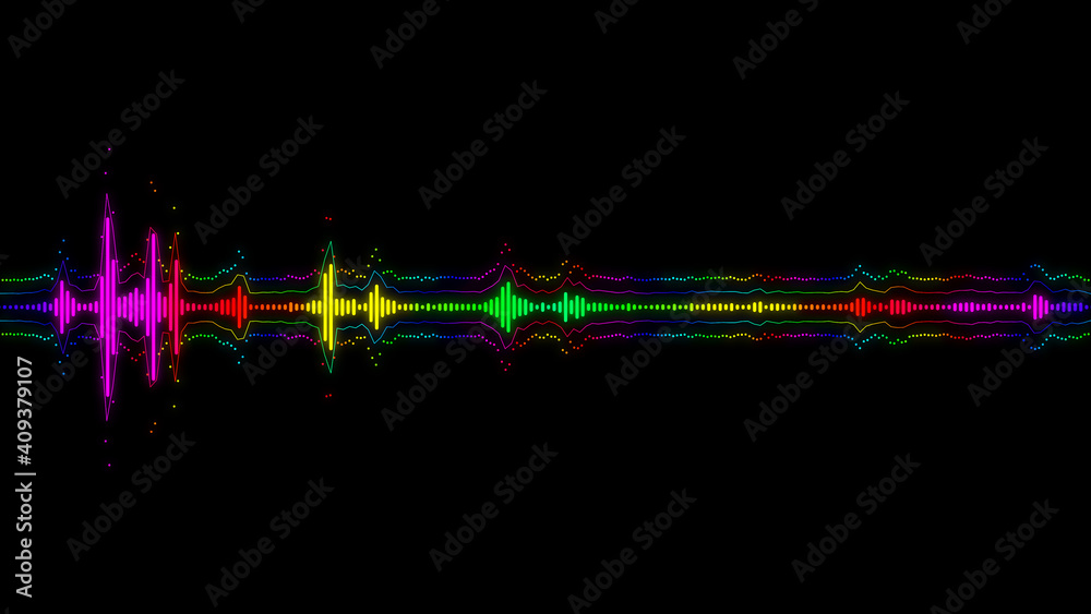 Fototapeta premium Abstract bounce line spectrum waveform spectral wave design on black background vibrating. Audio spectrum simulation for music futuristic animation