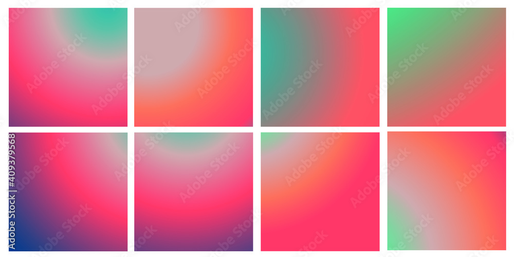 Set of vector gentle pastel simple trendy gradients. 2021 collection of modern colors. Palette for decoration and design. Isolated palettes. Stretching color. Red, orange, light blue, blue, turquoise
