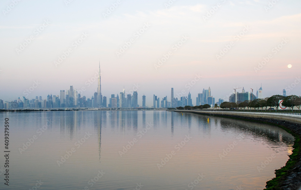 Dubai, UAE - 01.29.202 Sunrise over Dubai city skyline. Outdoors