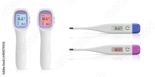 Medical digital thermometer set. Temperature scanners for fever vector illustration. Electronic equipment on white background. Instrument for measurement with healthy and sick result