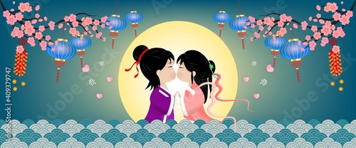 Photo Banner Postcard Qixi festival or Tanabata Vector illustration