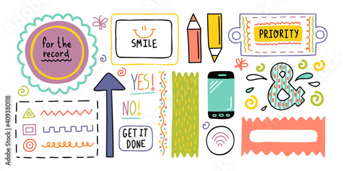 Diary elements. Hand drawn doodles bullet journal banners and elements for notebook, diary and planner. Frames, borders, vignettes, dividers outline collection.
