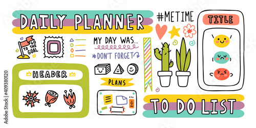 Diary elements. Hand drawn doodles bullet journal banners and elements for notebook, diary and planner. Frames, borders, vignettes, dividers outline collection.