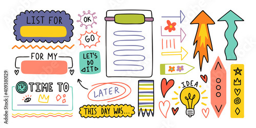 Diary elements. Hand drawn doodles bullet journal banners and elements for notebook, diary and planner. Frames, borders, vignettes, dividers outline collection.