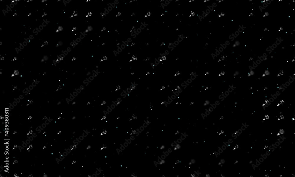 Seamless background pattern of evenly spaced white exploding party poppers of different sizes and opacity. Vector illustration on black background with stars Seamless background pattern of evenly spaced white exploding party poppers of different sizes and opacity. Vector illustration on black background with stars