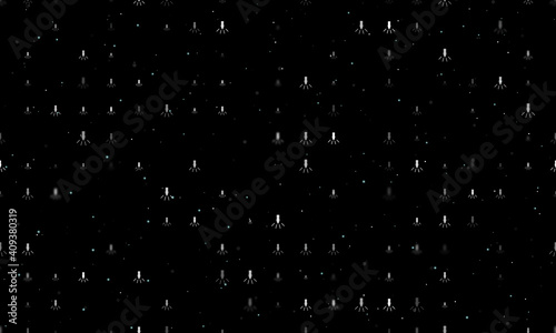 Seamless background pattern of evenly spaced white garland light bulb symbols of different sizes and opacity. Vector illustration on black background with stars