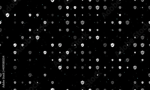 Seamless background pattern of evenly spaced white protection mark symbols of different sizes and opacity. Vector illustration on black background with stars