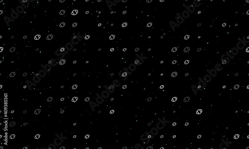 Seamless background pattern of evenly spaced white rugby symbols of different sizes and opacity. Vector illustration on black background with stars