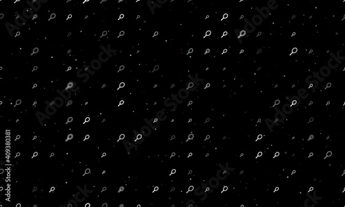 Seamless background pattern of evenly spaced white tennis symbols of different sizes and opacity. Vector illustration on black background with stars