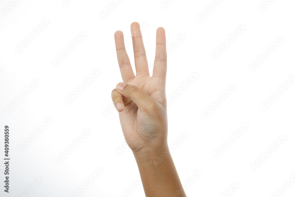 Man hand showing three sign isolated on white background Man hand showing three sign isolated on white background