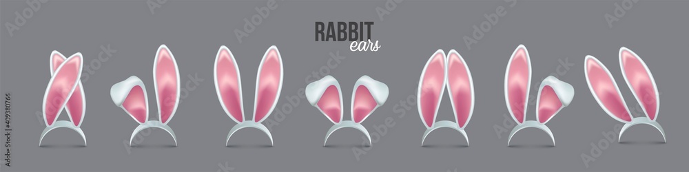 Rabbit ears realistic 3d vector illustrations set. Easter bunny ears kid headband, mask collection. Hare costume pink cartoon element. Photo editor, booth, video chat app color isolated cliparts. Rabbit ears realistic 3d vector illustrations set. Easter bunny ears kid headband, mask collection. Hare costume pink cartoon element. Photo editor, booth, video chat app color isolated cliparts.