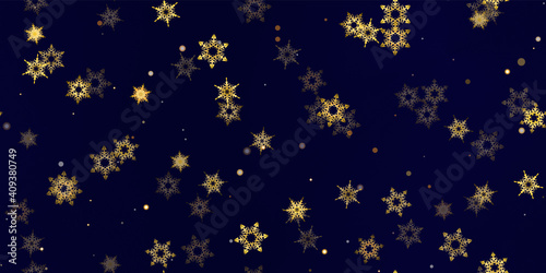 Gold snowflakes holiday seamless pattern.