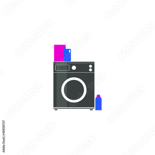 modern stylish black washing machine with washing liquids, created in flat design, minimalistic style, vector icon, design element
