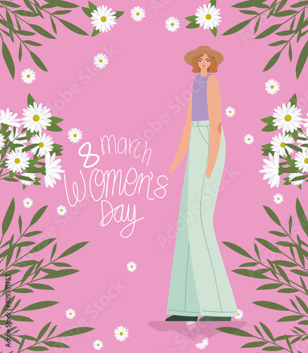8 march womens days lettering and cute woman in hat and purple blouse