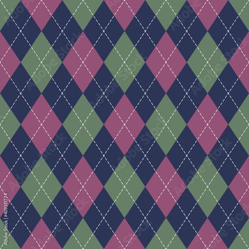 Argyle pattern design in blue, pink, green. Traditional geometric stitched argyll dark background for gift wrapping, socks, sweater, jumper, or other modern spring autumn winter fashion textile print.