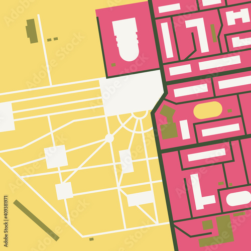 Autumn square. City map in contrasting colors (yellow, white, pink, black) for use as a background for magazines, books, clothes. Minimalistic abstract design. Can be used to create a pattern.