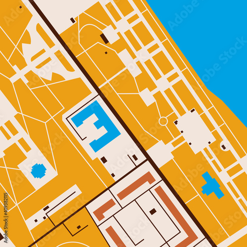 Old arboretum. City map in contrasting colors (yellow, blue, white, black, orange) for use as a background for magazines, books, clothes. Minimalistic abstract design. Can be used to create a pattern.