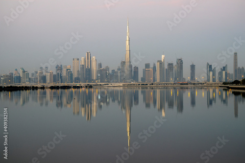 Dubai, UAE - 01.29.202 Sunrise over Dubai city skyline. Outdoors