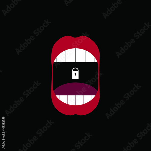 widely open mouth with red lips and white teeth, created in flat on a black background, trying to laugh or shout but can't, locked
