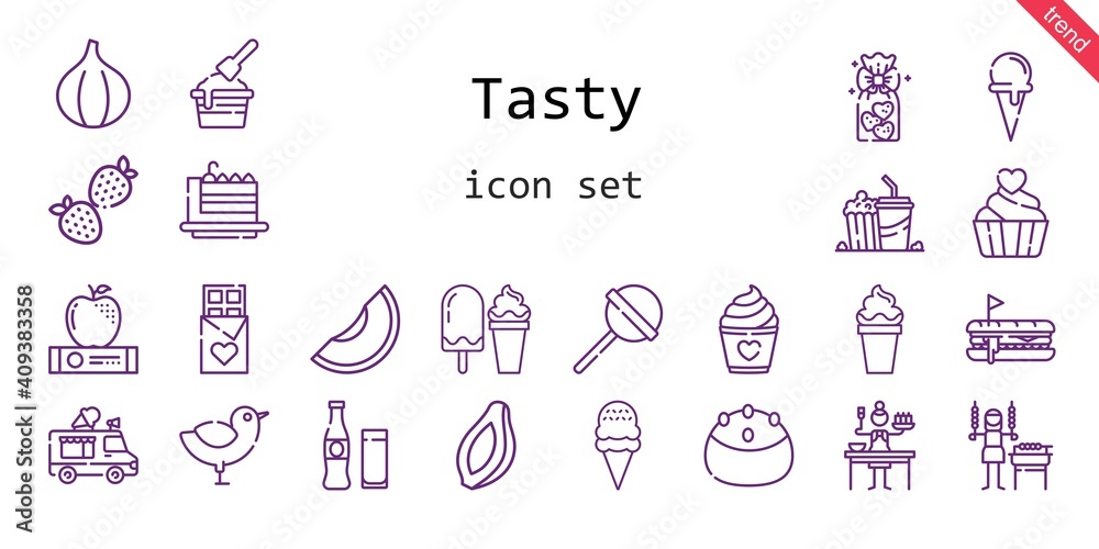tasty icon set. line icon style. tasty related icons such as papaya, cake slice, chicken, ice cream cone, fig, popcorn, strawberry, lollipop, sauce, hot dog, cookies, apple, ice cream tasty icon set. line icon style. tasty related icons such as papaya, cake slice, chicken, ice cream cone, fig, popcorn, strawberry, lollipop, sauce, hot dog, cookies, apple, ice cream