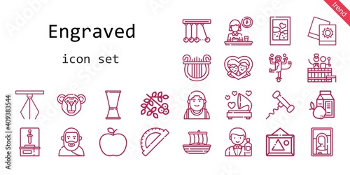engraved icon set. line icon style. engraved related icons such as barman, viburnum, barrel, alexander the great, monkey, picture, trireme, pictures, newton, sword, apple, gramophone, 