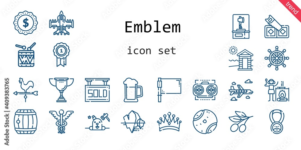 emblem icon set. line icon style. emblem related icons such as barrel, sold, flag, tennis ball, saw, cabin, label, axe, vision, phantom, olive, airplane, rudder, medal, 