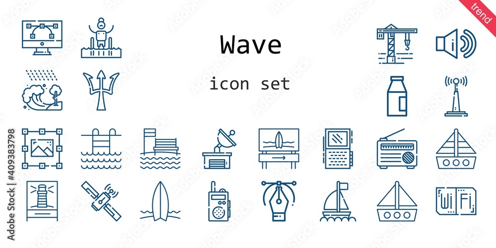 wave icon set. line icon style. wave related icons such as antenna, crane, wifi, lighthouse, surfboard, sound, pool, milk, graphic design, satellite dish, boat, radio, voice recorder wave icon set. line icon style. wave related icons such as antenna, crane, wifi, lighthouse, surfboard, sound, pool, milk, graphic design, satellite dish, boat, radio, voice recorder