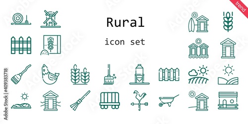 rural icon set. line icon style. rural related icons such as wheelbarrow, wagon, broom, windmill, cabin, silo, hen, chicken coop, field, straw bale, wheat flour, wheat, fence, weathercock, cabins,