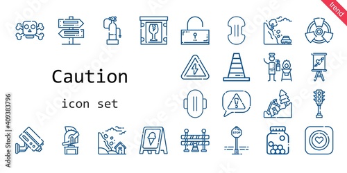 caution icon set. line icon style. caution related icons such as fire extinguisher, poison, compress, sign, traffic barrier, high voltage, stop sign, landslide, cctv, cone, 