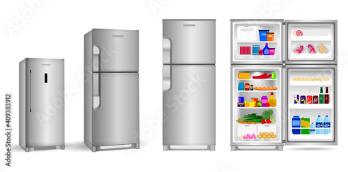 set of realistic refrigerator with one door or open refrigerator with two doors full of food vegetable meat fish or fridge refrigerator mockup. eps 10 vector, easy to modify