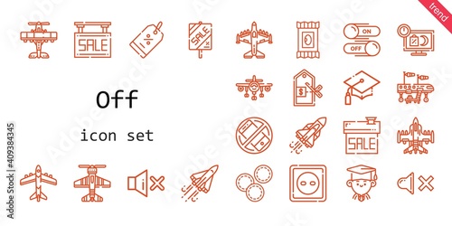 off icon set. line icon style. off related icons such as silent, sale, makeup remover wipes, graduation, price, graduate, airplane, discount