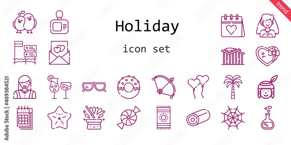 holiday icon set. line icon style. holiday related icons such as gift, native american, calendar, bride, sunglasses, woman, beach towel, candy, cocktails, bow, love potion, spider web