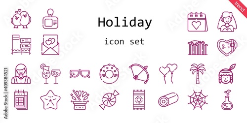 holiday icon set. line icon style. holiday related icons such as gift, native american, calendar, bride, sunglasses, woman, beach towel, candy, cocktails, bow, love potion, spider web