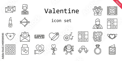valentine icon set. line icon style. valentine related icons such as love, cupid, groom, romantic music, wedding gift, love birds, engagement ring, tic tac toe, love letter