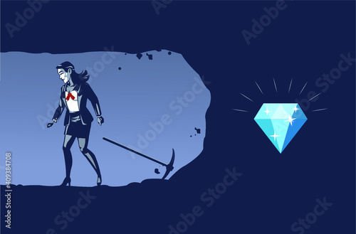 Business Woman Gives Up Digging Not Knowing Precious Diamond is Almost Revealed Blue Collar Illustration Concept