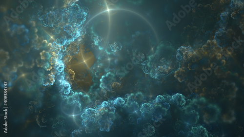 Abstract fractal wallpaper. Magic fantasy under water world picture with lights on coral surface. 3D computer generated image. Digital fractal art.